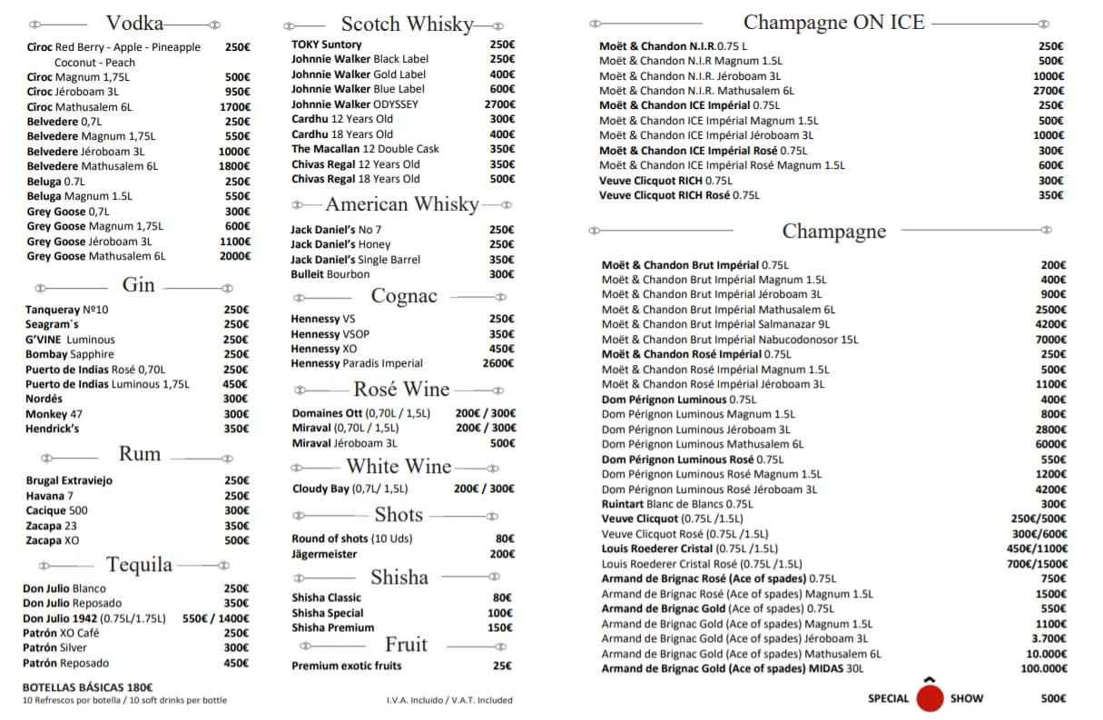 Carta botellas shoko barcelona champagne vodka ron